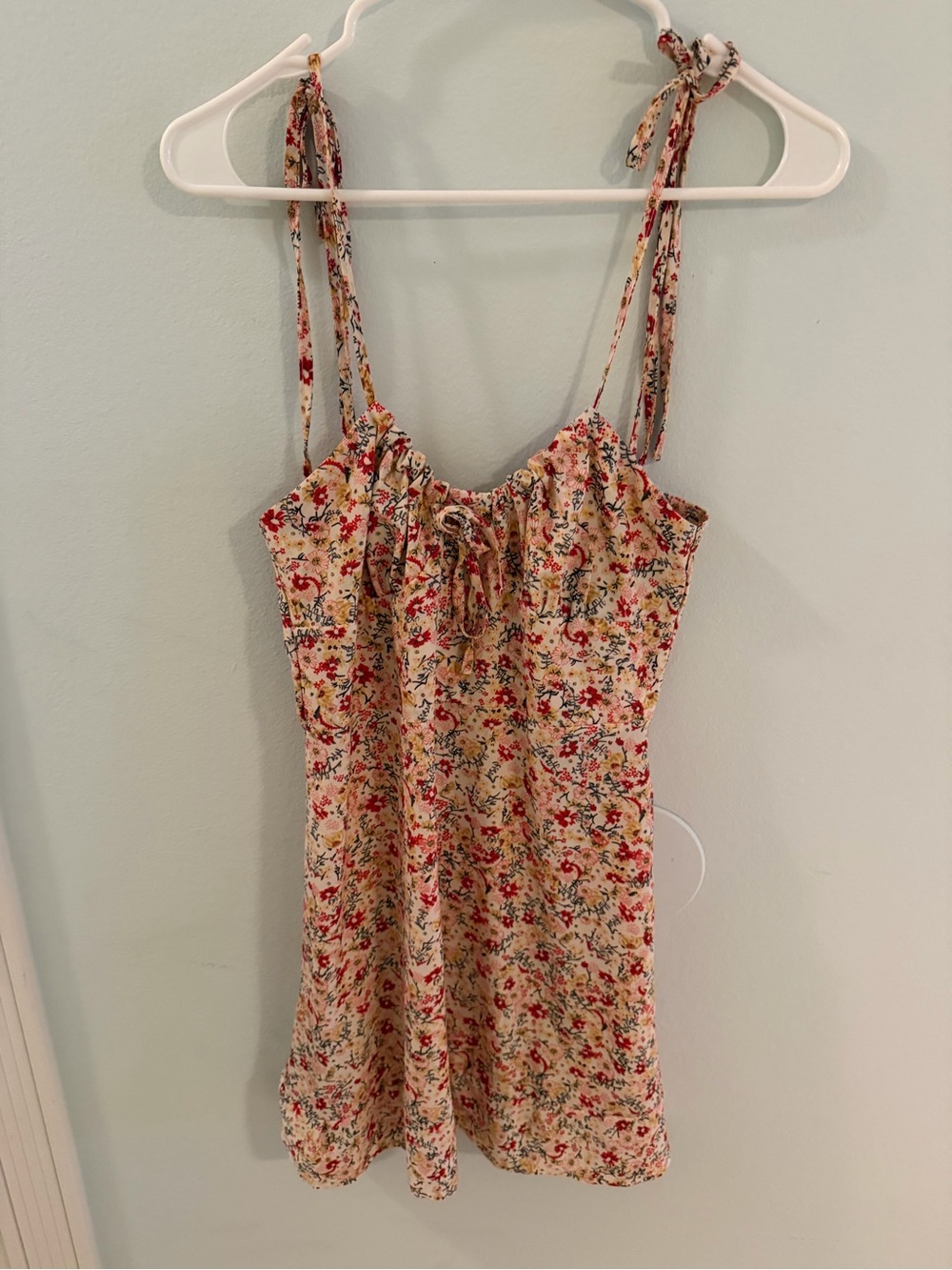 SHEIN Cream Floral Mini Dress with Red & Green Accents